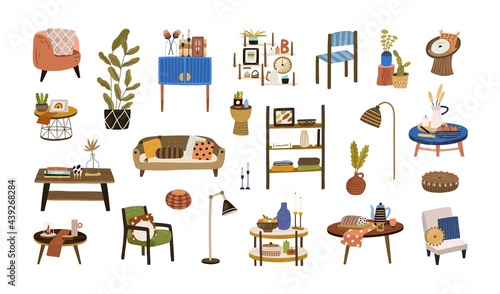 Set of home furniture, interior decor, and house plants for living room. Armchairs, sofas, coffee tables, chairs, lamps, and shelves. Colored flat vector illustration isolated on white background