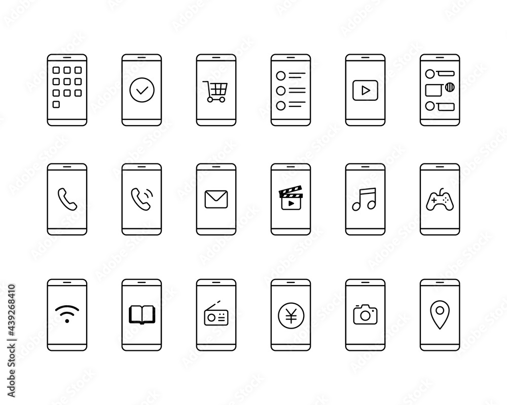 スマホとアプリのアイコンセット スマートフォン イラスト アプリケーション シンプル 線 モバイル Stock Vector Adobe Stock スマホとアプリのアイコンセット スマートフォン イラスト アプリケーション シンプル 線 モバイル Stock Vector Adobe Stock
