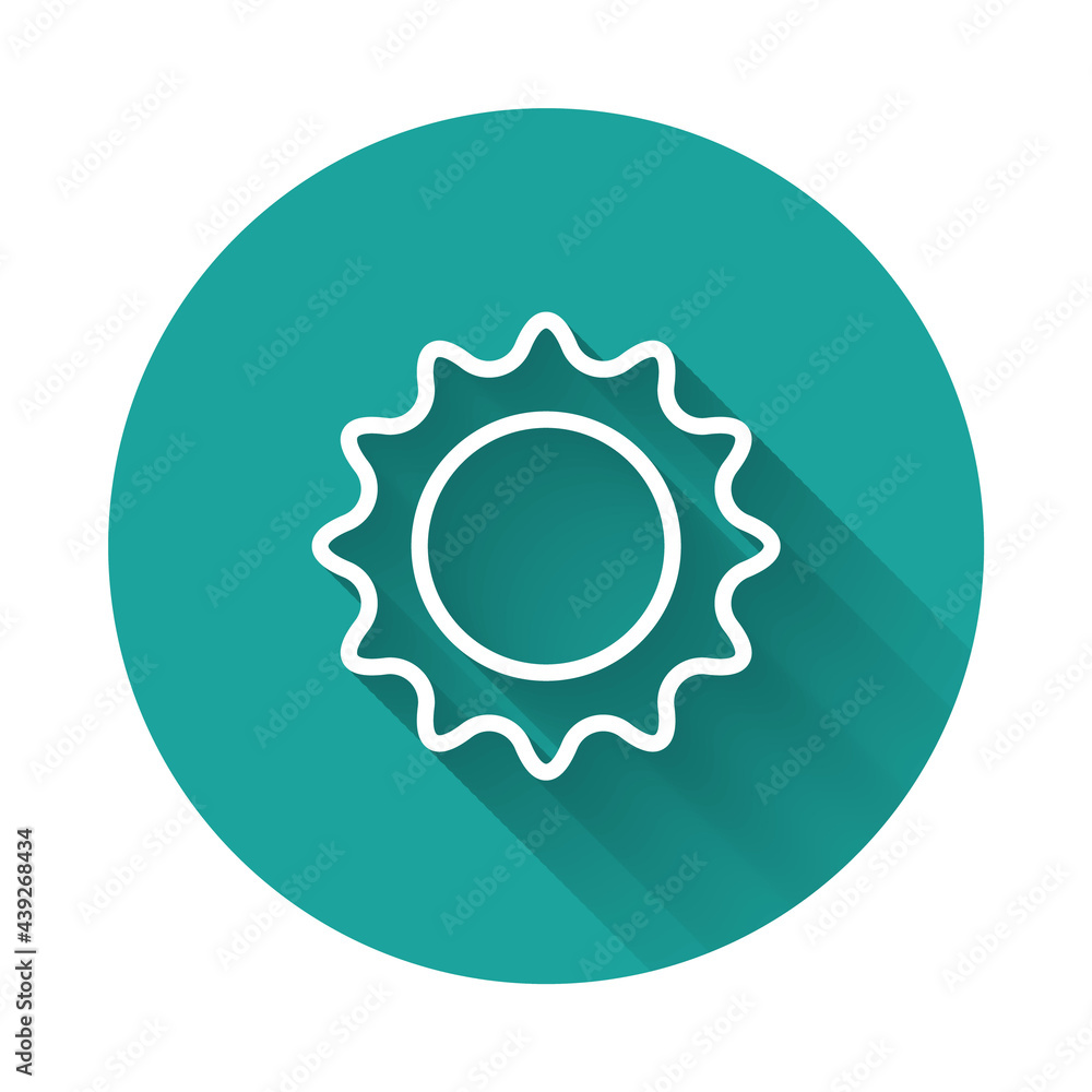 White line Sun icon isolated with long shadow. Summer symbol. Good sunny day. Green circle button. Vector White line Sun icon isolated with long shadow. Summer symbol. Good sunny day. Green circle button. Vector