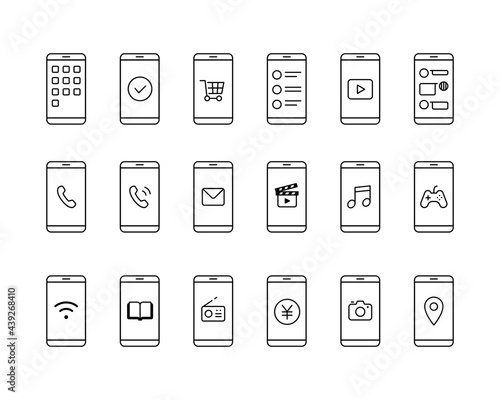 スマホとアプリのアイコンセット　スマートフォン　イラスト　アプリケーション　シンプル　線　モバイル