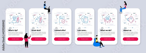 Vector Set of Medical icons related to Stay home, High thermometer and Insurance policy icons. UI phone app screens with teamwork. Face biometrics, Thermometer and Medical mask line symbols. Vector