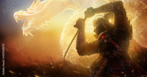 The silhouette of a demonic samurai in a fighting stance, behind him a huge spirit of a golden dragon, They are allies bound by the magic of the sun, standing at sunset in the middle of a wheat field.