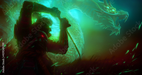 The black silhouette of a samurai in a fighting stance, behind him a huge spirit of the emerald dragon, They are allies bound by mystical magic standing in the night in the middle of a wheat field. 2d