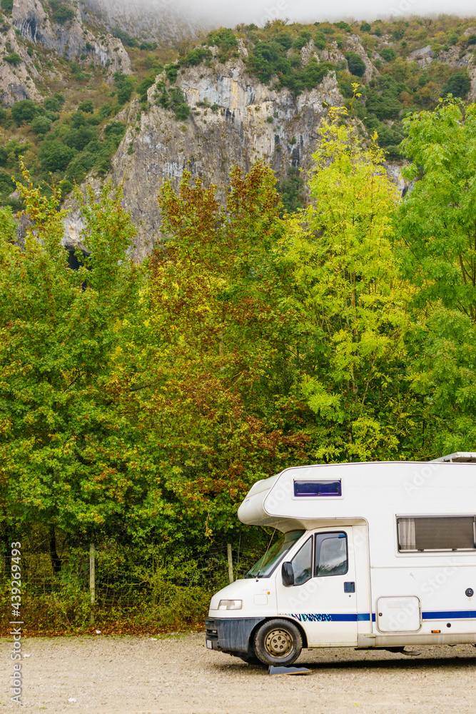 Rv camper camping in mountains, Spain.