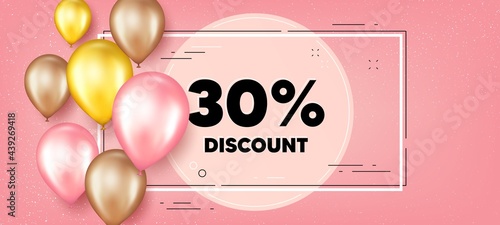 30 percent Discount. Balloons frame promotion banner. Sale offer price sign. Special offer symbol. Discount text frame background. Party balloons banner. Vector