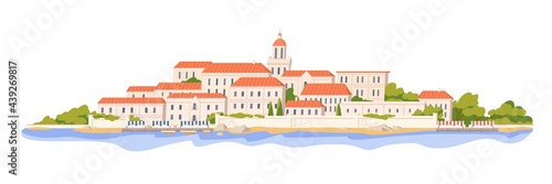 European architecture of southern coastal town. City buildings at sea coast. Cityscape panorama with houses and trees at seashore. Colored flat vector illustration isolated on white background