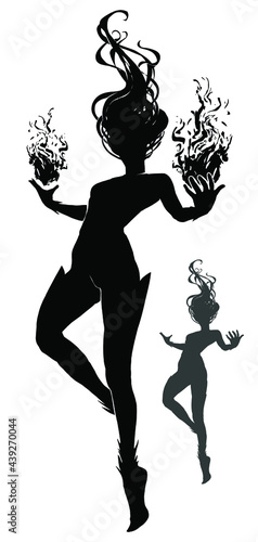 Black silhouette of a graceful pyromancer girl, she is an elemental floating in the air, her witchy hair rises up along with two fireballs, she has a slender sexy body. 2d illustration