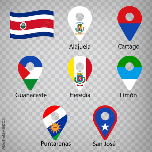 Seven  flags the Provinces of Costa Rica -  alphabetical order with name.  Set of 2d geolocation signs like flags Regions of Costa Rica.  Seven one 2d geolocation signs for your design. EPS10 photo