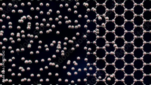 Loop 3d animation of an abstract technological background. Formation of a graphene, carbon lattice. 3d animation to illustrate chemical processes, graphene technologies of the future.