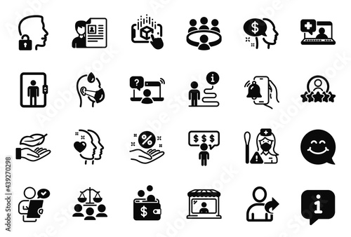 Fototapeta Naklejka Na Ścianę i Meble -  Vector Set of People icons related to Elevator, Loan percent and Online question icons. Meeting, Alarm clock and Court jury signs. Customer survey, Pay and Job interview. Employee benefits. Vector