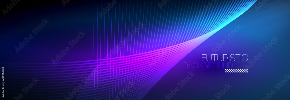 Abstract neon glowing light in the dark with waves. Shiny magic energy and motion concept, vector abstract wallpaper background Abstract neon glowing light in the dark with waves. Shiny magic energy and motion concept, vector abstract wallpaper background