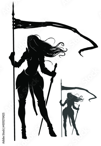 A black silhouette of a knight girl standing in a vulgar sexy pose, holding a flag in one hand and a sword in the other, her hair swaying in the wind. 2d illustration