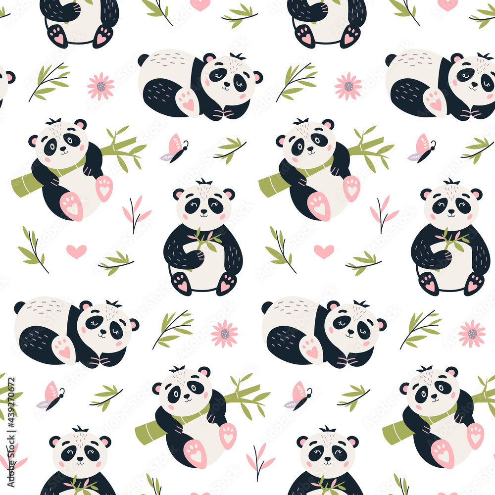 Obraz premium Panda Seamless pattern Cute baby bear vector background