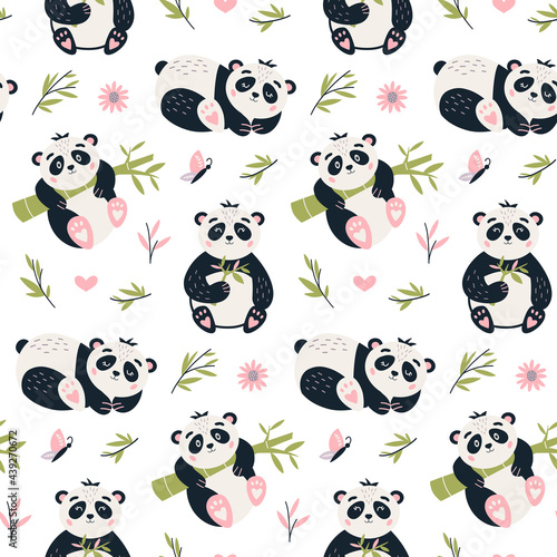 Panda Seamless pattern Cute baby bear vector background