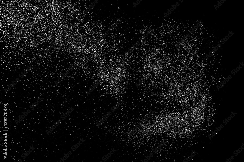Distressed white grainy texture. Dust overlay textured. Grain noise particles. Snow effects pack. Rusted black background. Vector illustration, EPS 10.  