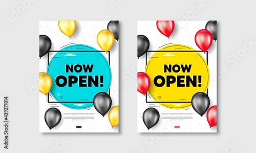 Now open text. Flyer posters with realistic balloons cover. Promotion new business sign. Welcome advertising symbol. Now open text frame white posters. Balloons cover. Vector