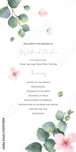 Watercolor vector hand painted wedding program card template.