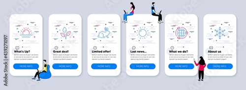 Nature icons set. UI phone app screens with teamwork. Included icon as Sun energy, Eco energy, Sunset signs. Animal tested, Plants watering, Snowflake line icons. Vector