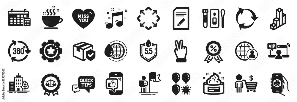 Set of simple icons, such as Ph neutral, Vip access, Covid test icons. Musical note, 3d app, Victory hand signs. Buyer, Maximize, Edit document. 360 degree, Justice scales, Discount medal. Vector