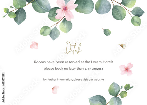 Watercolor hand painted wedding invitation card template.