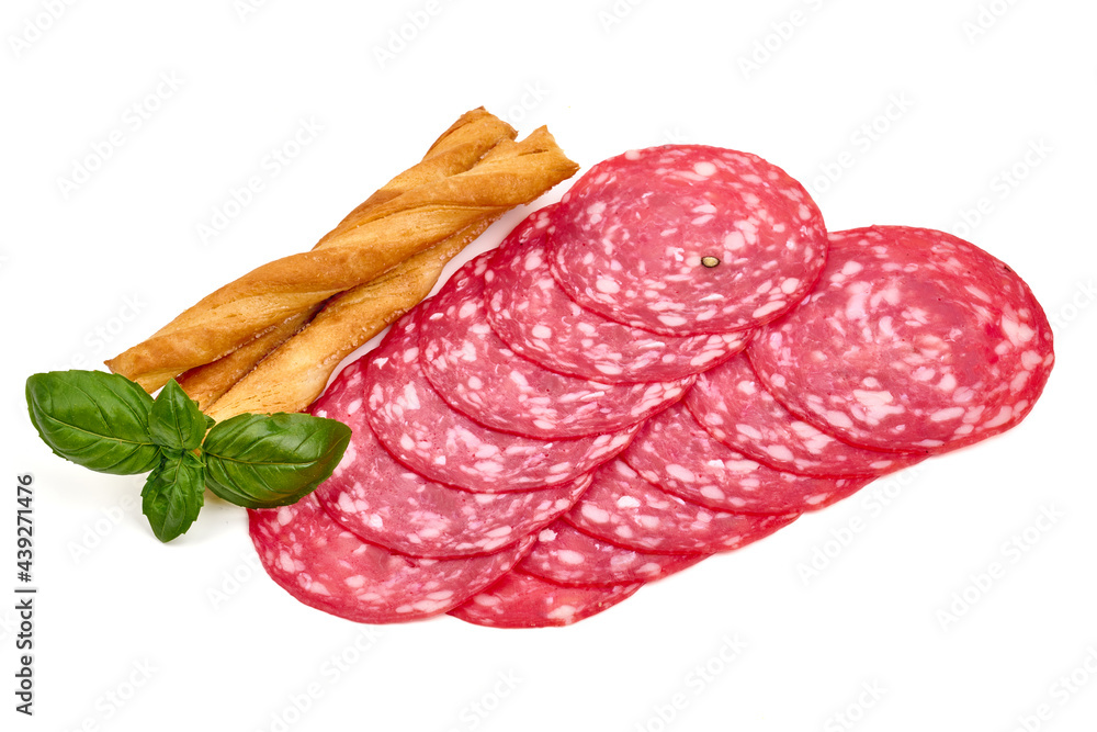Spanish cured sausage, salchichon, isolated on white background. High resolution image. Spanish cured sausage, salchichon, isolated on white background. High resolution image.