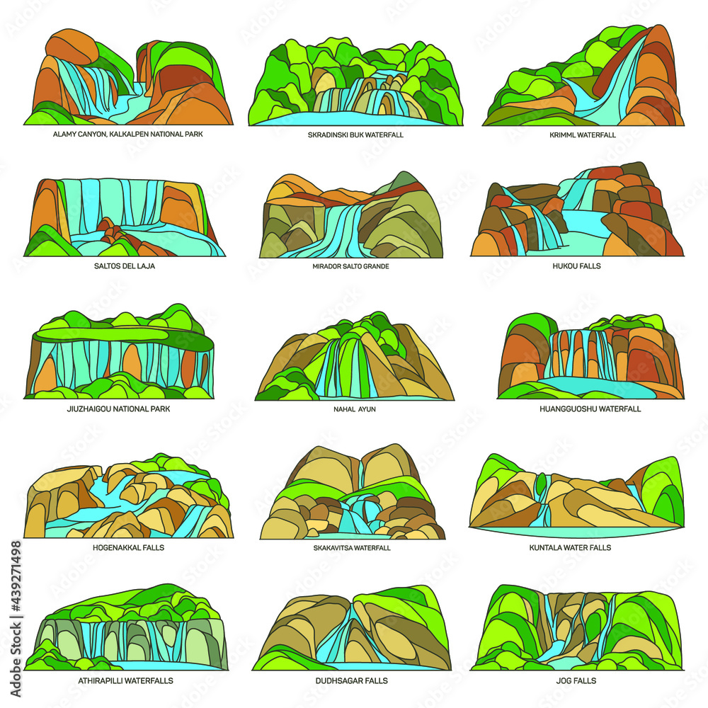 Fototapeta premium Waterfalls or falls natural sights, landscape scenery set. Vector icons of world waterfalls. Wonderful tourist sightseeing. Water power and splash.
