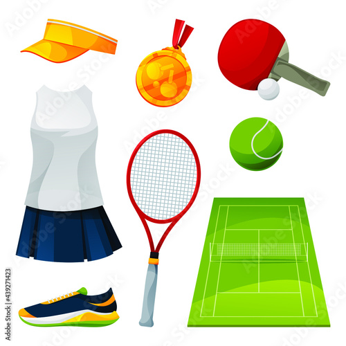 Tennis equipment set, playing tools. Vector flat icons of tennis and ping-pong rackets, balls, court, head bands, medal and player uniform. Racket sport accessories, game apparel, realistic set.