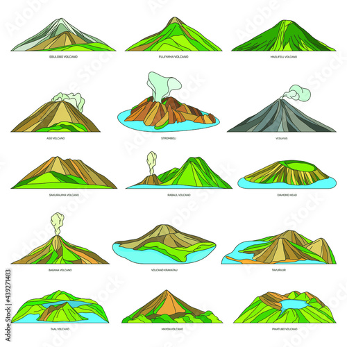 Volcano natural sights, landscape scenery set. Vector icons of active and extinguished world volcanoes. Dangerous tourist sightseeing. Fume and magma emissions. photo