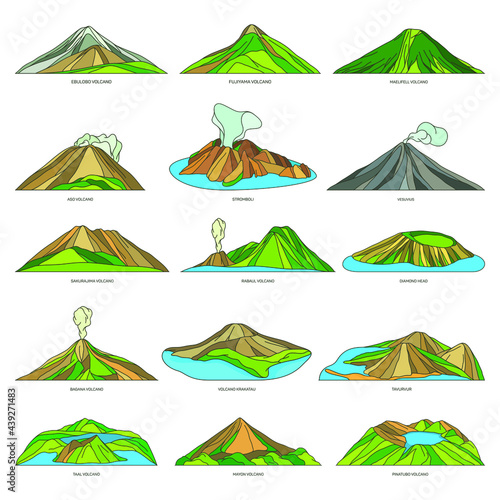 Volcano natural sights, landscape scenery set. Vector icons of active and extinguished world volcanoes. Dangerous tourist sightseeing. Fume and magma emissions.