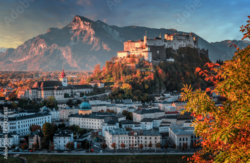 Colorful morning cityscape. Stunning view on historic city of Salzburg with famous Hohensalzburg Fortress. Wonderful autumn landscape with picturesque sky. Softlight effect. Salzburger Land, Austria