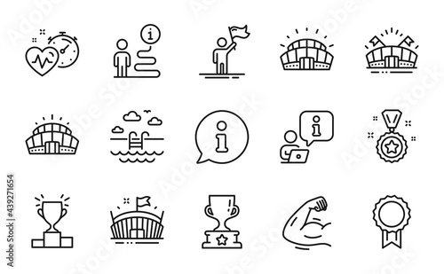 Sports icons set. Included icon as Strong arm, Arena, Sports stadium signs. Reward, Swimming pool, Cardio training symbols. Arena stadium, Leadership, Winner reward. Winner cup line icons. Vector