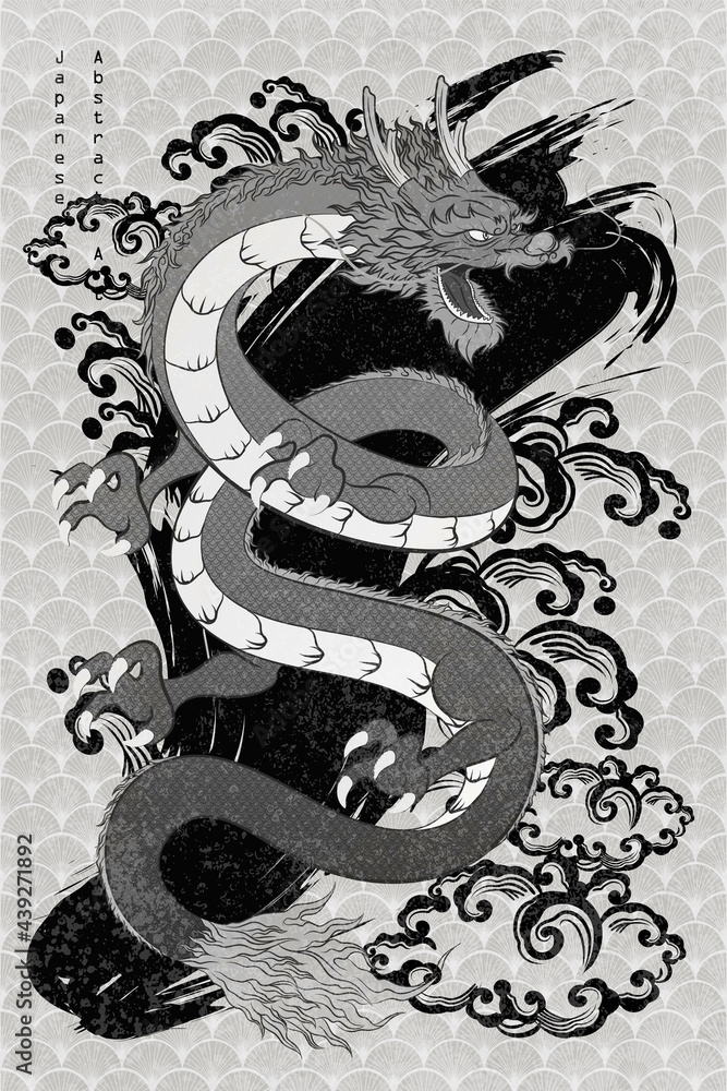 Obraz premium Abstract Art Zen Style Single Dragon Flying in the Black Brush Stroked River with Water Splash Spread with Clouds on Japanese Bush Repeat Pattern Grey Background Vector Design Template