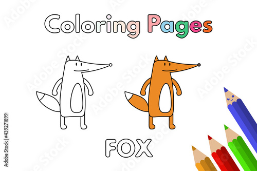 Cartoon fox illustration. Vector coloring book pages for children
