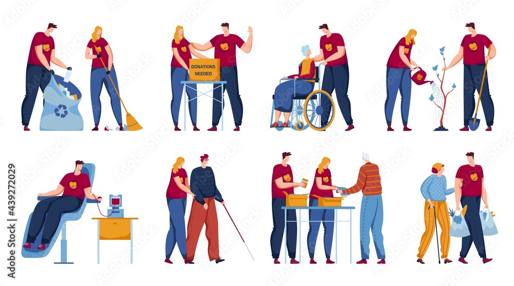 Volunteer work set, vector illustration. Flat man woman character care about elderly people, social assistance isolated on white collection.