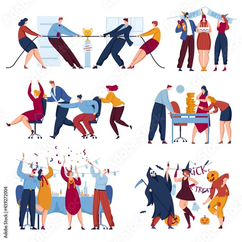 Party at business office set, vector illustration, happy flat people character at corporate celebration, isolated on white woman man happy birthday.