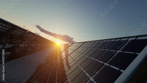 Sun Slowly Rising Through the Solar Panels 3D Rendering