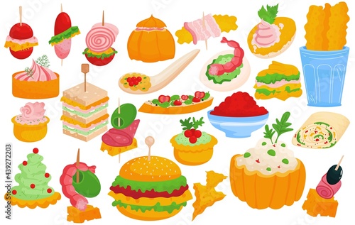 Snack food and sandwich set, isolated on white, vector illustration. Appetizer meal in restaurant, bread with cheese, tasty meat and vegetable