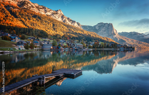 Stunning Colorful morning view on Grundlsee alpine lake during sunset. Grundlsee on amost popular resosr and travel locations. Amazing nature landscape. Concept of an ideal resting place.