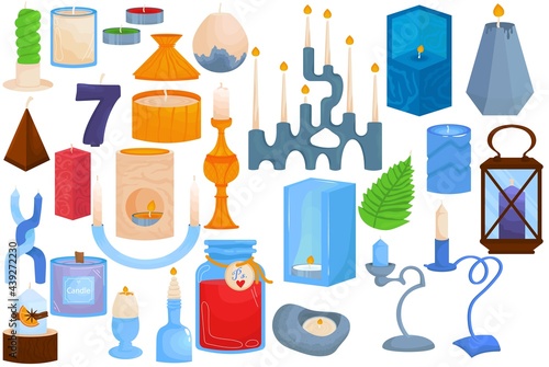 Wax candle with flame collection, isolated on white, vector illustration. Holiday celebration decor with number set, festive candlelight