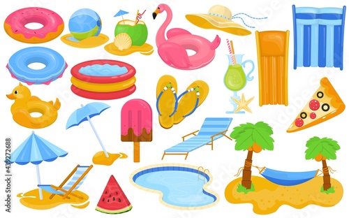 Summer pool, isolated on white collection, vector illustration. Rubber ring, mattress, lounger, hammock element set for swim. Flat hat, umbrella
