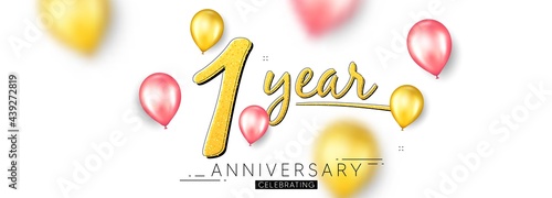 1 year anniversary. Happy birthday balloons background. One year celebration icon. Anniversary celebration banner. Jubilee party balloons background. Wedding or Birthday card. Vector