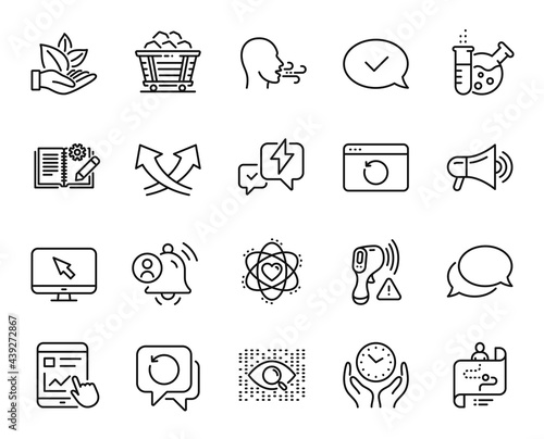 Vector set of Organic product, Journey path and Approved message line icons set. User notification, Electronic thermometer and Internet report icons. Organic product web symbol. Vector