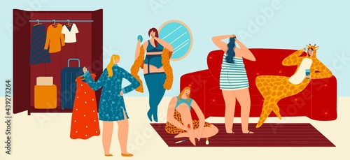 Body care at home, female friends group design, vector illustration, flat woman character do healthy beauty procedure at sleepover party.