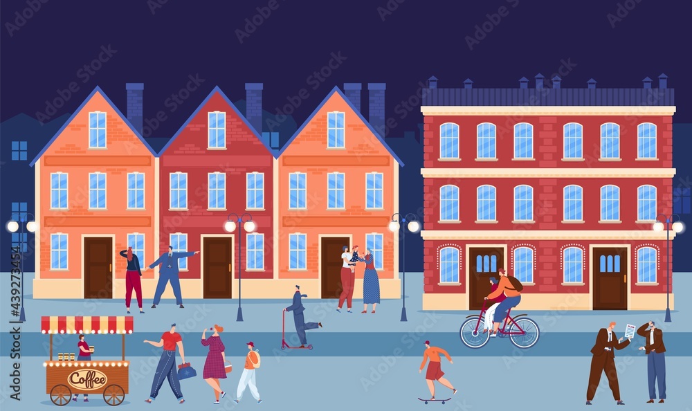 City downtown, urban building in evening, vector illustration, flat people character walk at town street, family drink coffee at cityscape.