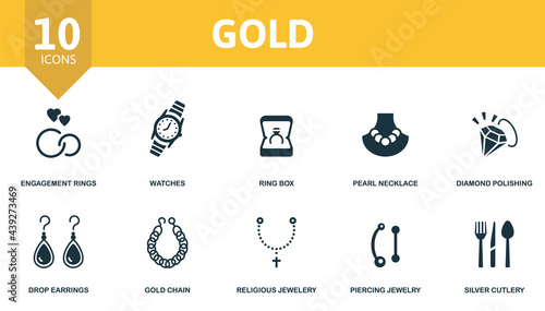 Gold icon set. Contains editable icons jewelery theme such as engagement rings, ring box, diamond polishing and more.
