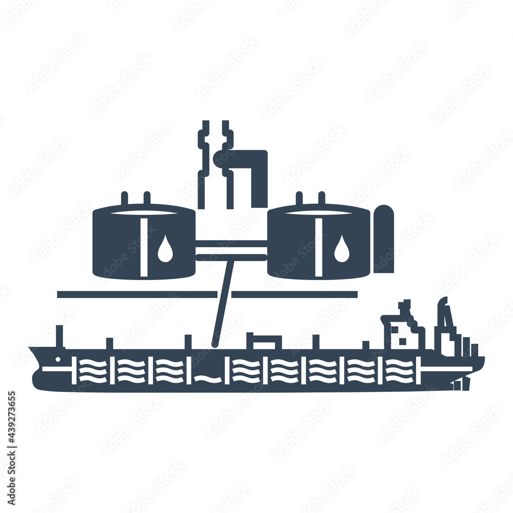 Vector black icon oil tanker, port terminal