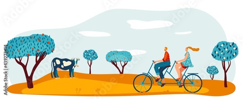 Bike ride at garden park, vector illustration, man woman couple character at tandem bicycle walk, healthy lifestyle at outdoor field.
