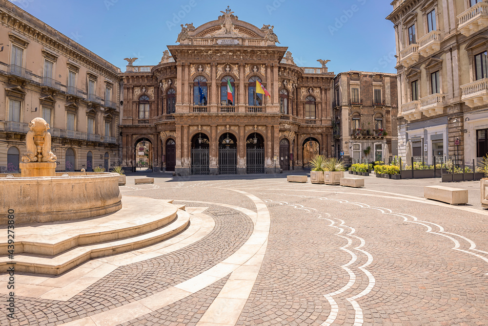 CATANIA, ITALY - May 30, 2021/ Theater and fountain on Piazza Vincenzo Bellini in Catania, Sicily, Italy. Teatro Massimo Bellini, the most important theater