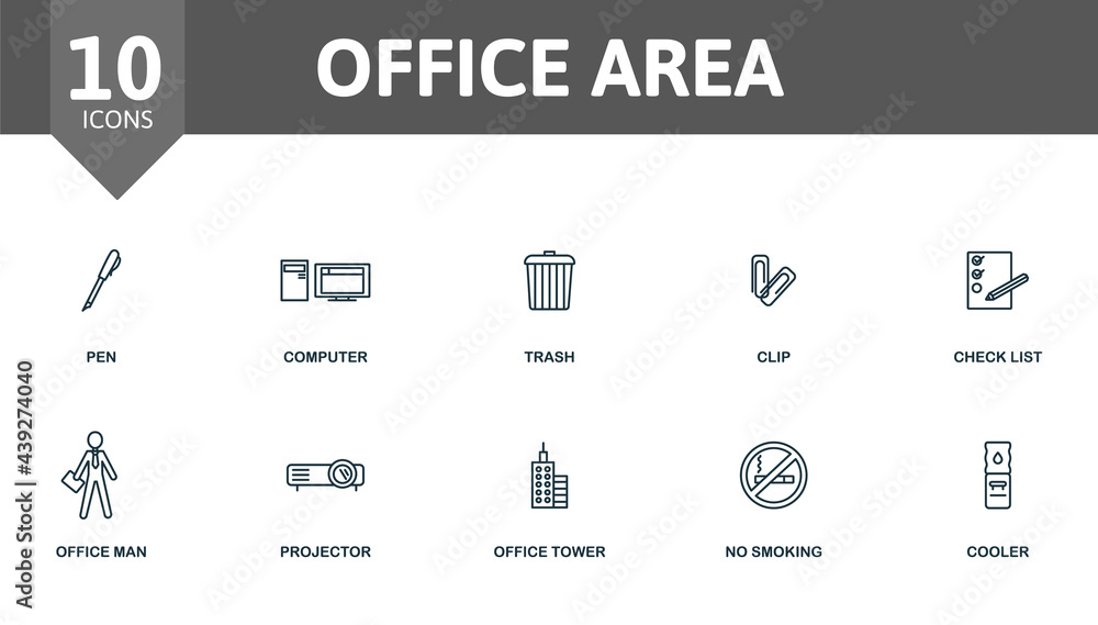 Obraz premium Office Area icon set. Contains editable icons office theme such as pen, trash, check list and more.