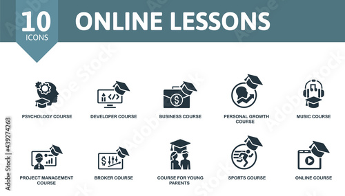 Online Lessons icon set. Contains editable icons online course theme such as psychology course, business course, music course and more.